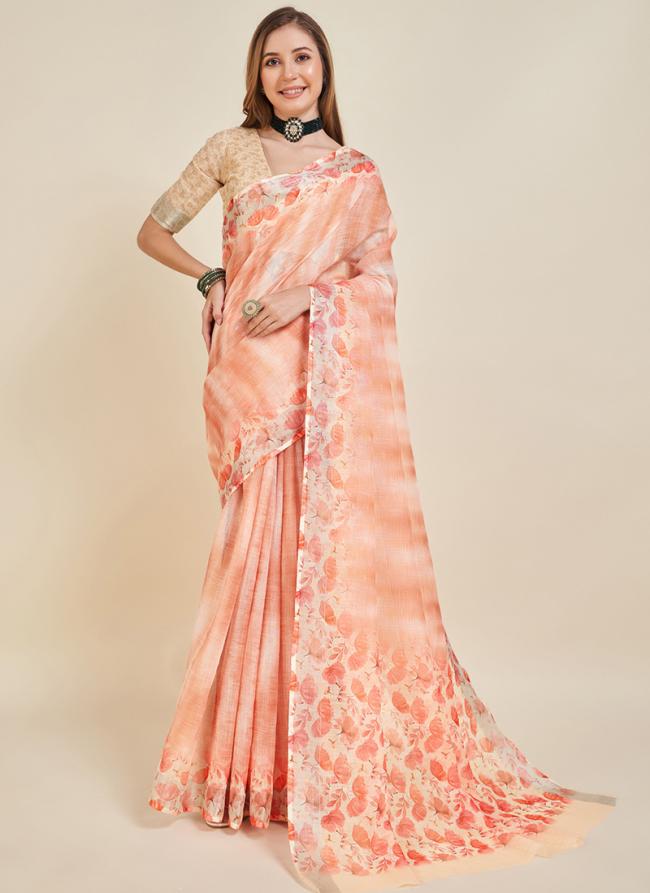 Linen Peach Casual Wear Printed Saree